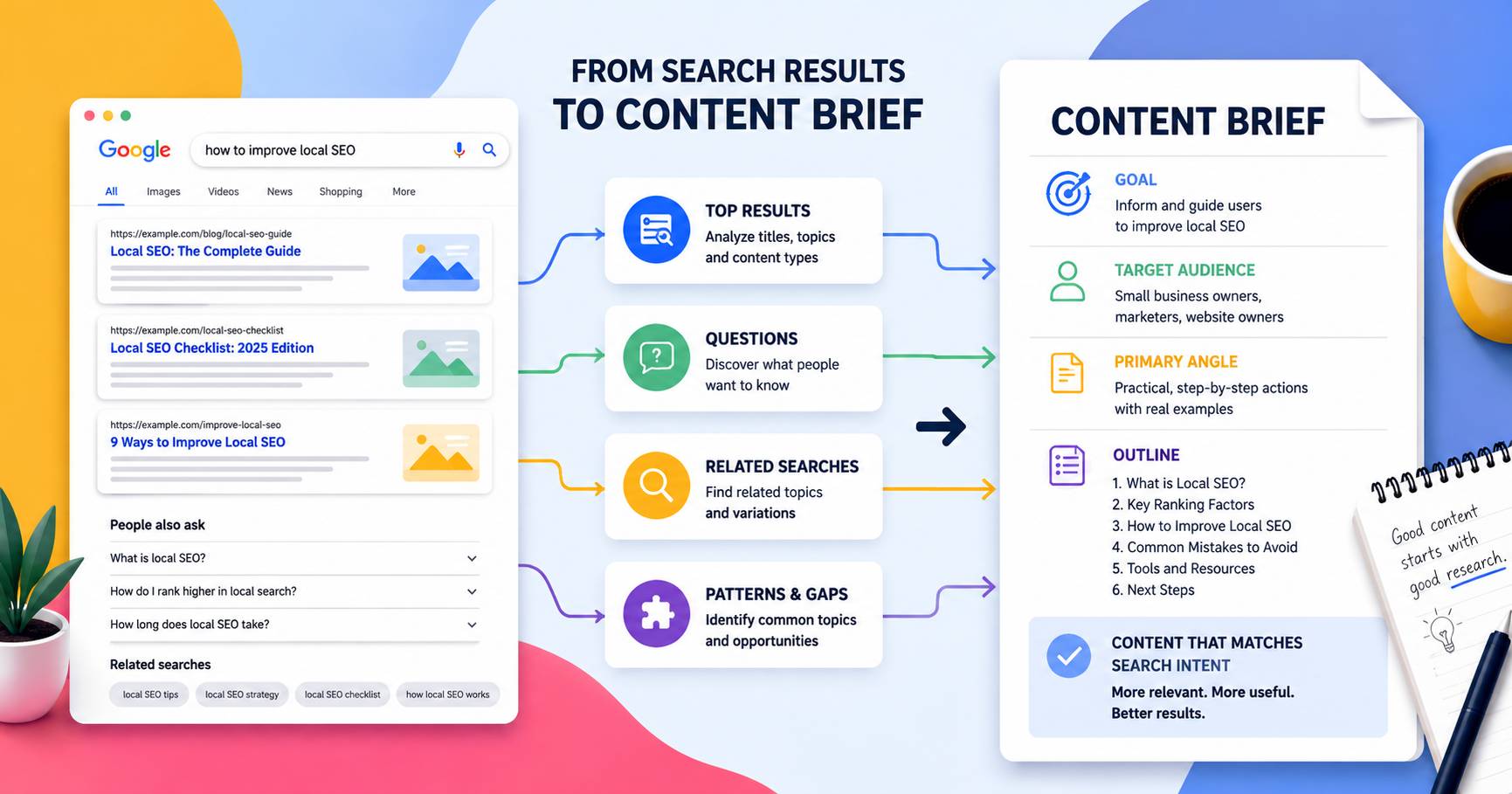 Building a content brief from real search results, SERP patterns, questions and content opportunities
