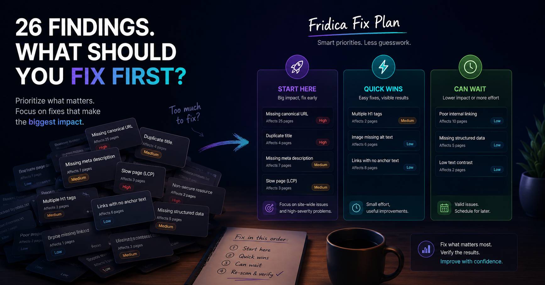 Fridica Fix Plan organizing SEO audit findings into start here, quick wins and can wait priorities